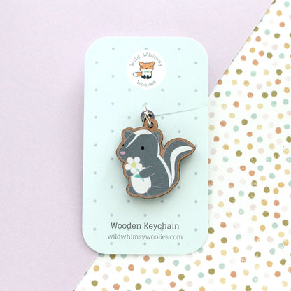 Skunk w/ Daisy Wooden Keychain - Cute Wood Charm - Eco-Friendly Gift