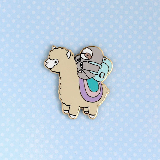 Sloth and Alpaca Adventurer Pin (Gold, Pastel Variant) - Alpaca Enamel Pin - Sloth Gift - Llama Lapel Pin by Wild Whimsy Woolies