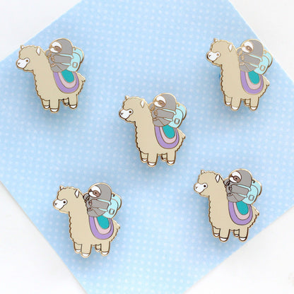 Sloth and Alpaca Adventurer Pin (Gold, Pastel Variant) - Alpaca Enamel Pin - Sloth Gift - Llama Lapel Pin by Wild Whimsy Woolies