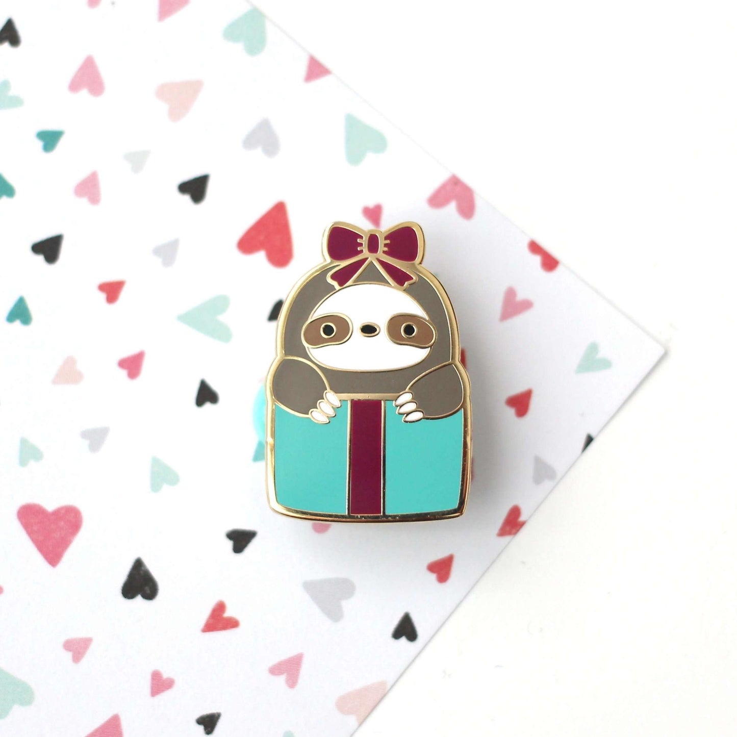 Sloth Christmas Card + Sloth in a Gift Box Enamel Pin by Wild Whimsy Woolies