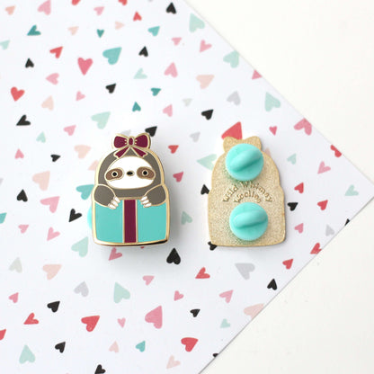Sloth Christmas Card + Sloth in a Gift Box Enamel Pin by Wild Whimsy Woolies