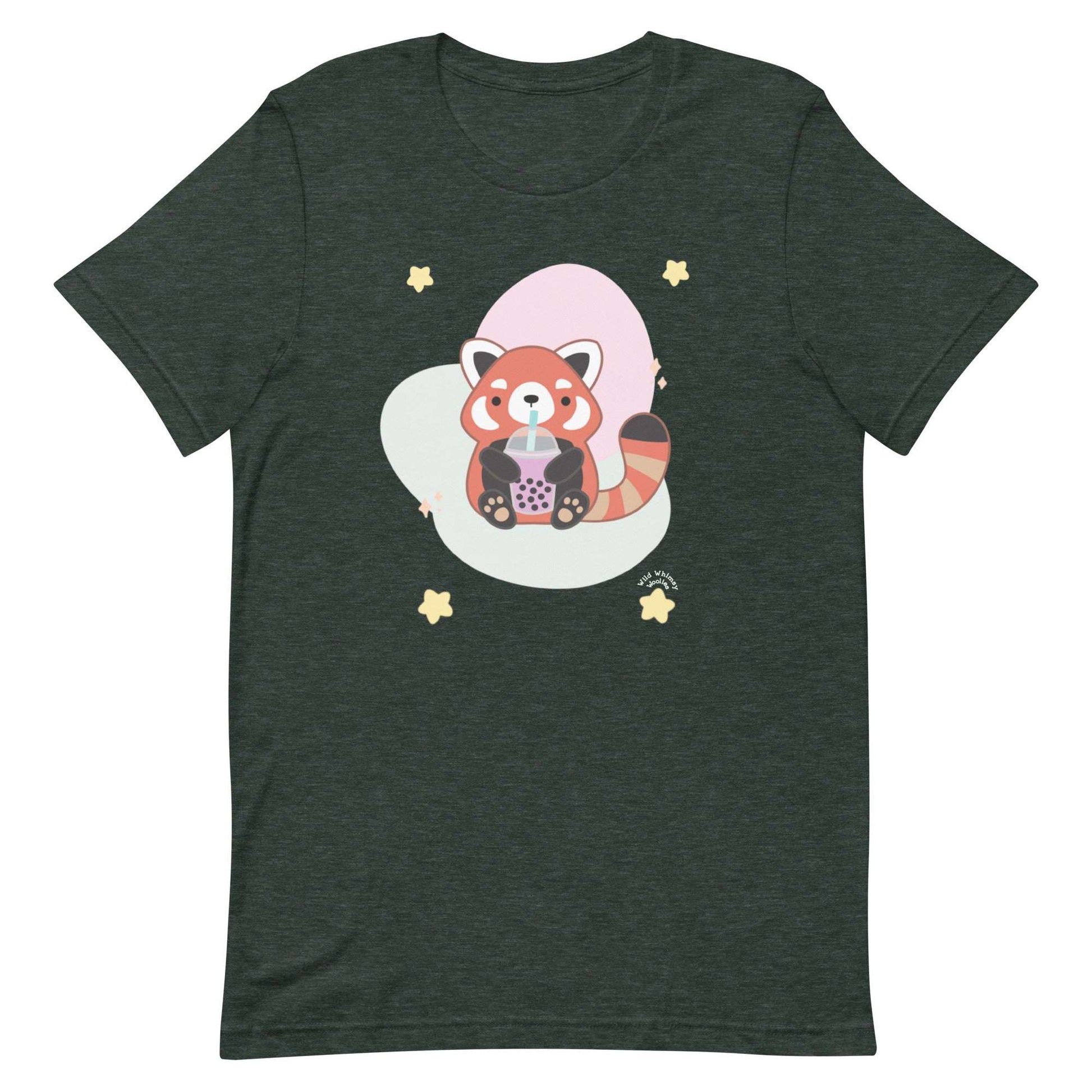 Bubble Tea Red Panda T-Shirt: Heather Forest / S