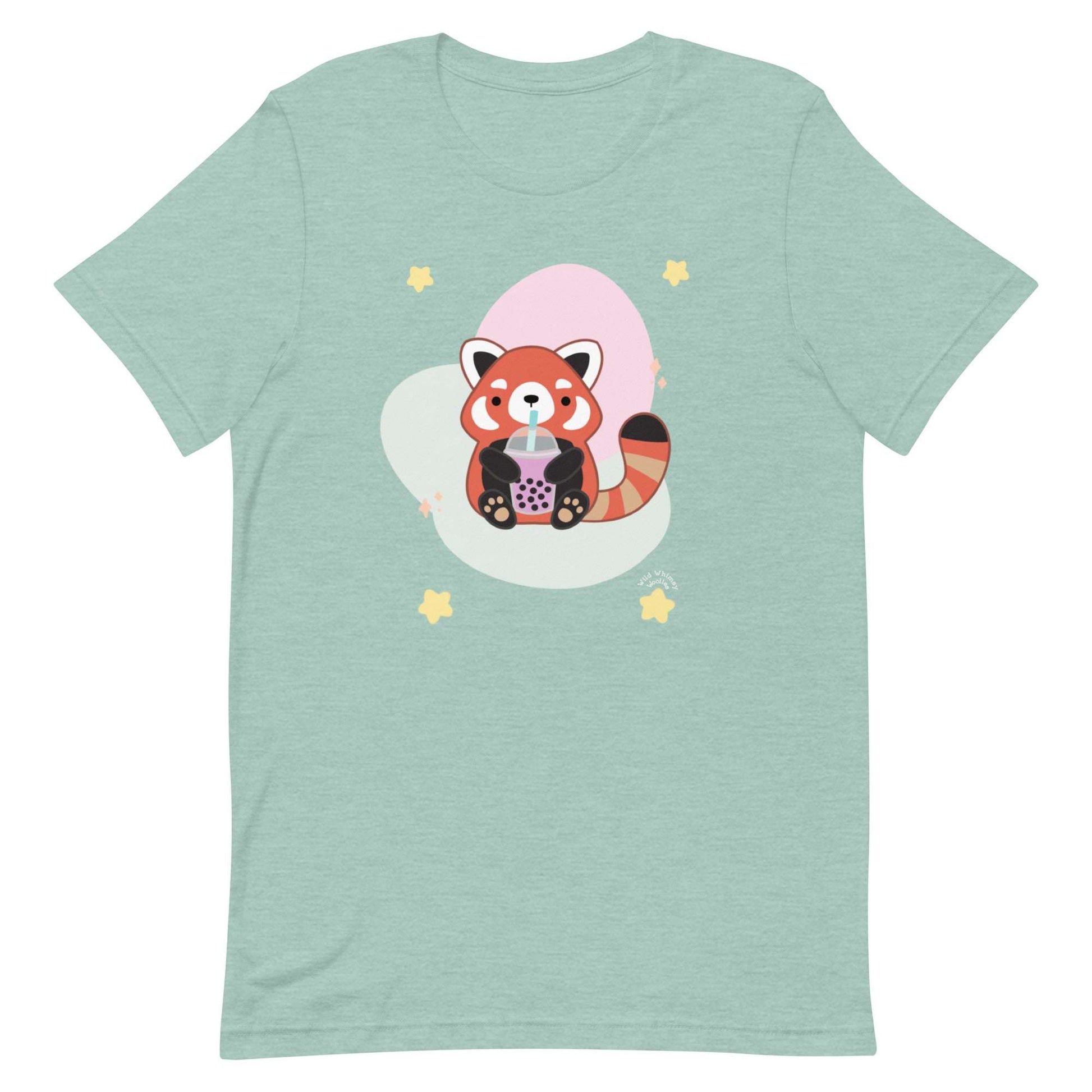 Bubble Tea Red Panda T-Shirt: Heather Prism Dusty Blue / S
