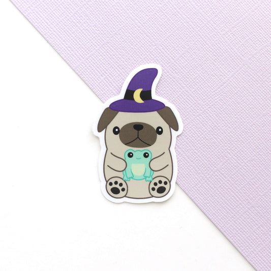 Wizard Pug Vinyl Sticker - Cute Halloween Pug Witch with Frog Sticker