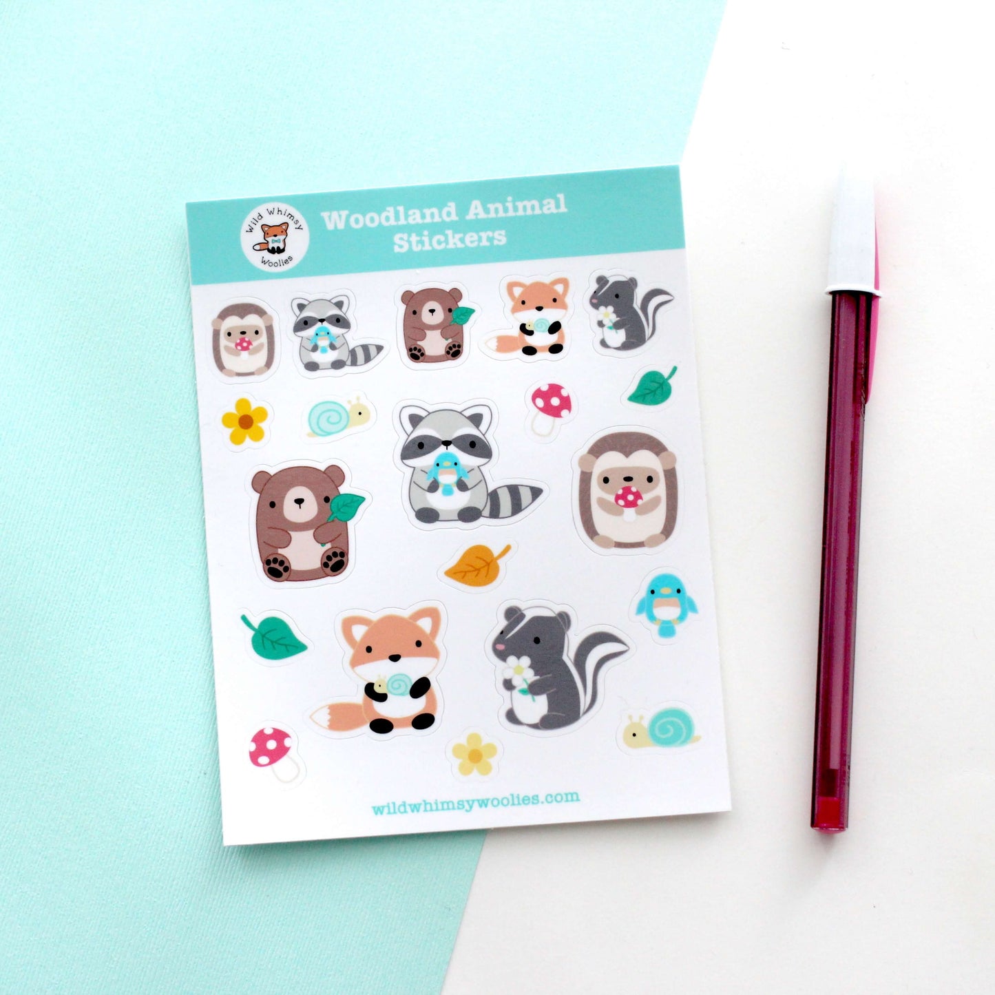 Woodland Animal Vinyl Sticker Sheet - Raccoon, Hedgehog, Fox, Skunk and Brown Bear Planner Stickers: B Grade - Glossy Finish